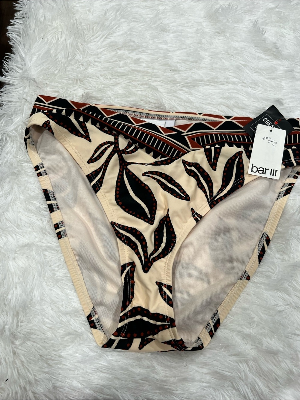 Bar III Cream, Black & Rust Leaf Print Bikini Bottoms